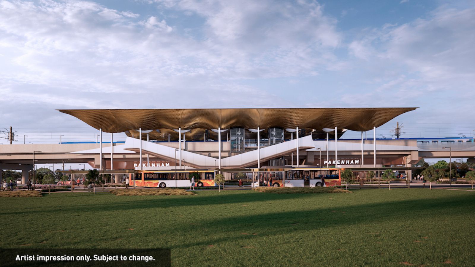 Artist rendering of new elevated station with artistic roof. Green grass in forecourt and includes trees and other vegetation. A bus interchange is next to the station at ground level.