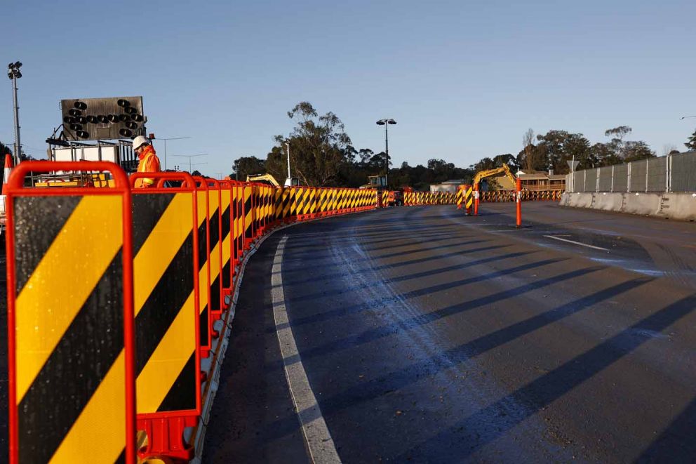 Traffic management for construction vehicles in place at the Cranbourne-Frankston Road intersection