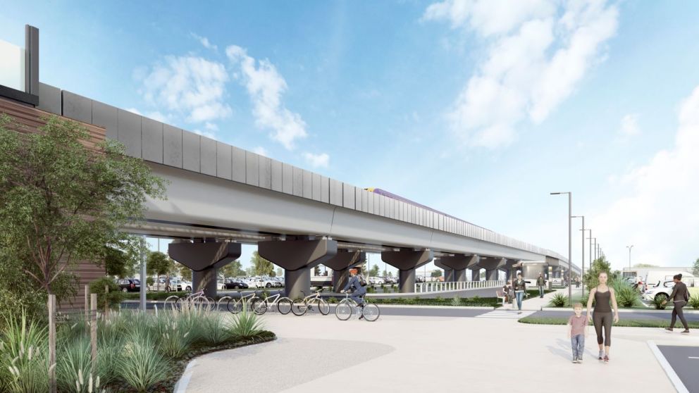 Artist's render of the new Deer Park Station bus interchange. Pictured is the new rail bridge, pedestrian and cyclist connections, and a landscaped garden bed. 