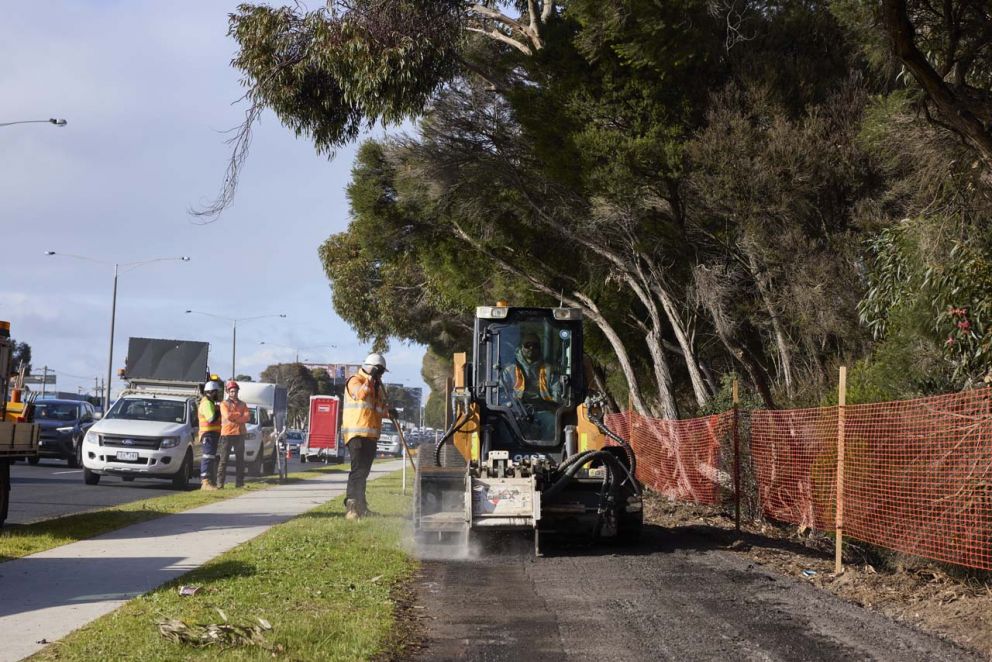 The upgraded Nepean Highway bike path will improve safety and enhance user experience. Here works are occurring to prepare the surface for asphalting.