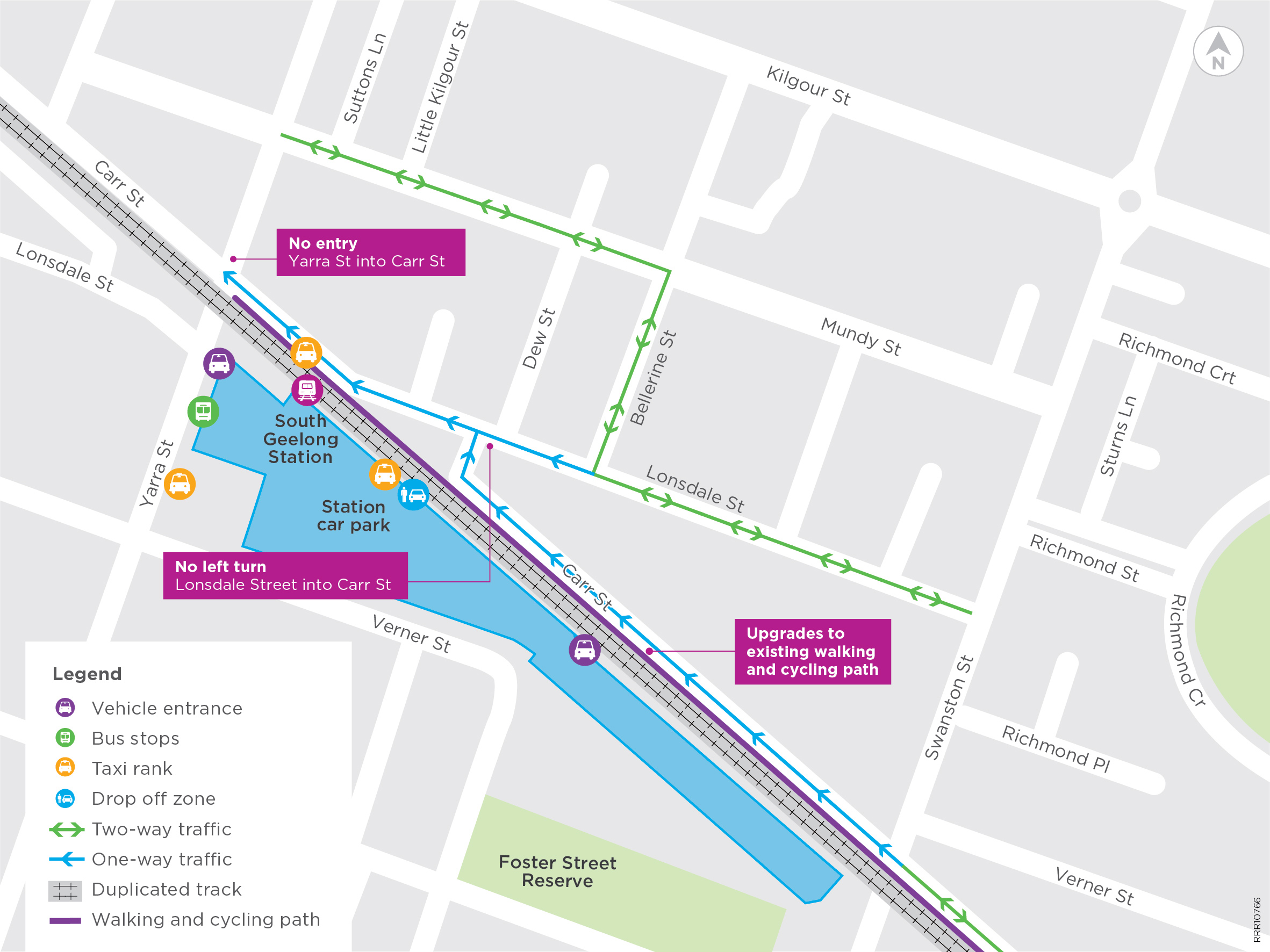 a map of the new road layout surrounding South Geelong Station. The map captures the area between Swanston Street and Yarra Street and Kilgour Street and Verner Street. The map depicts the direction of traffic along Lonsdale Street, Carr Street, Bellarine Street and Mundy Street. 