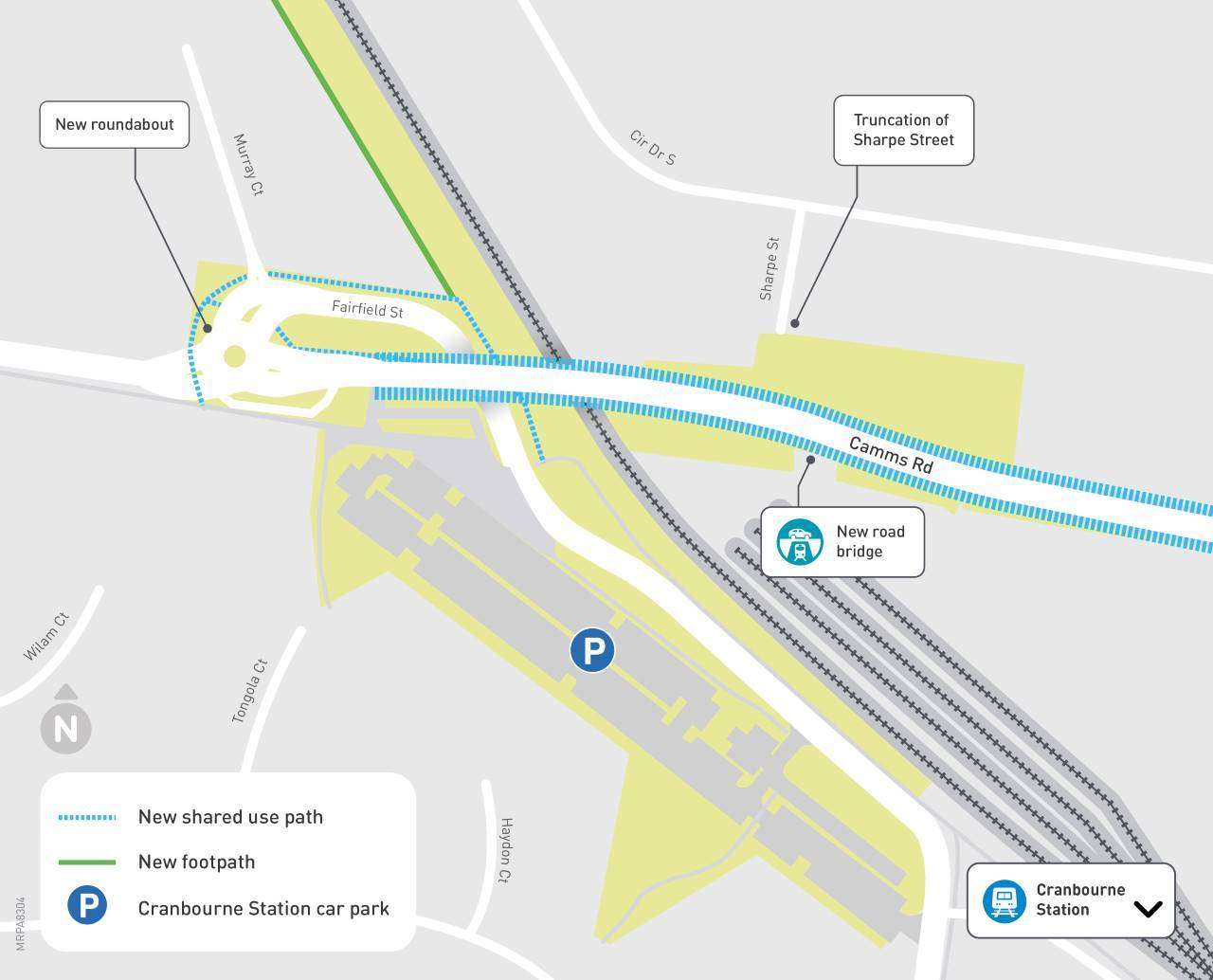 Map showing the new road bridge on Camms Road, Cranbourne