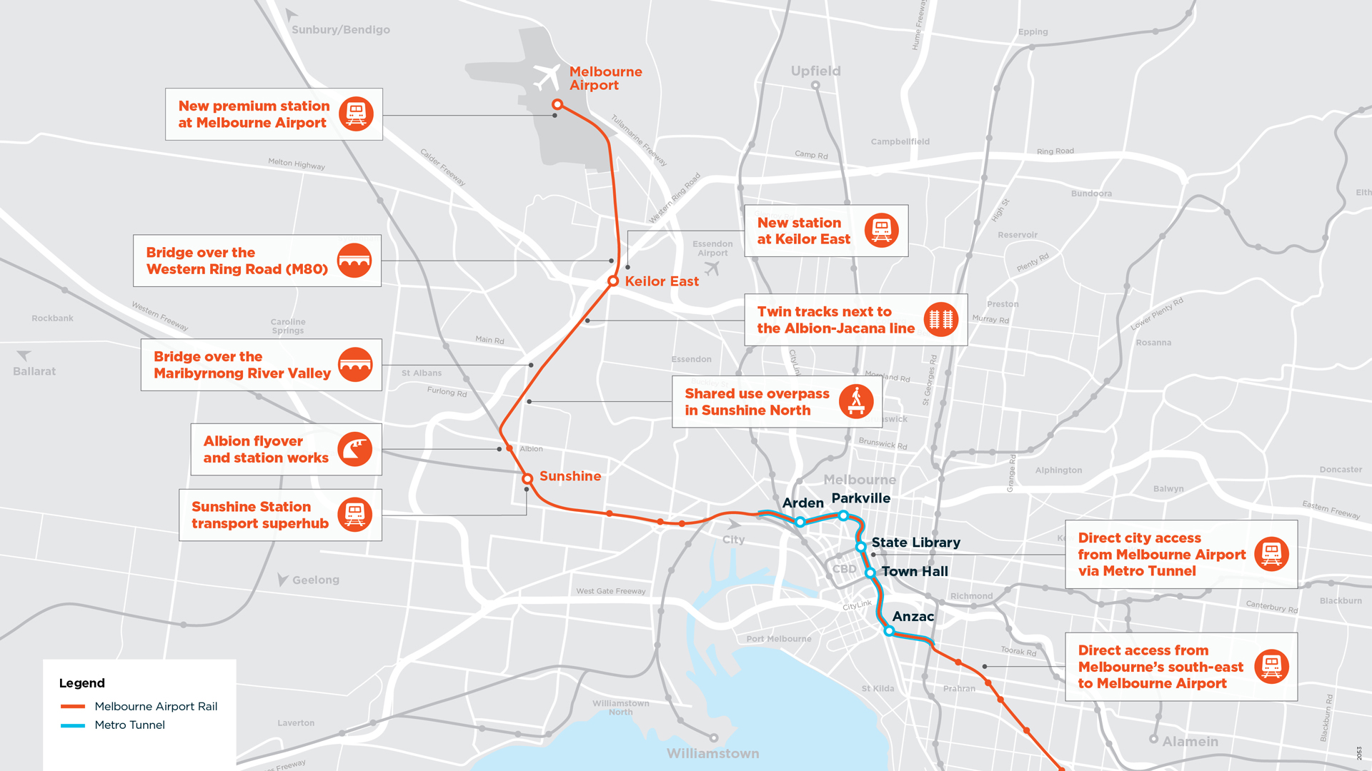 Map showing Melbourne Airport Rail scope items