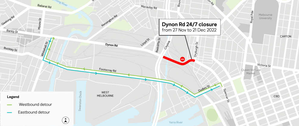 Detour map for Dynon Rd closure between Citylink inbound exit ramp and Dryburgh St.