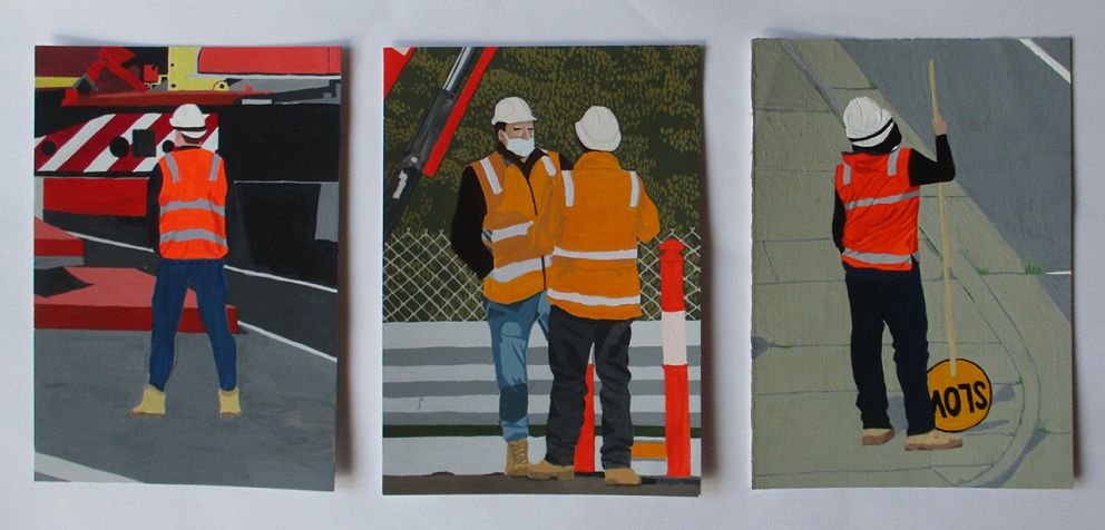 Three paintings of workers at Bell Station