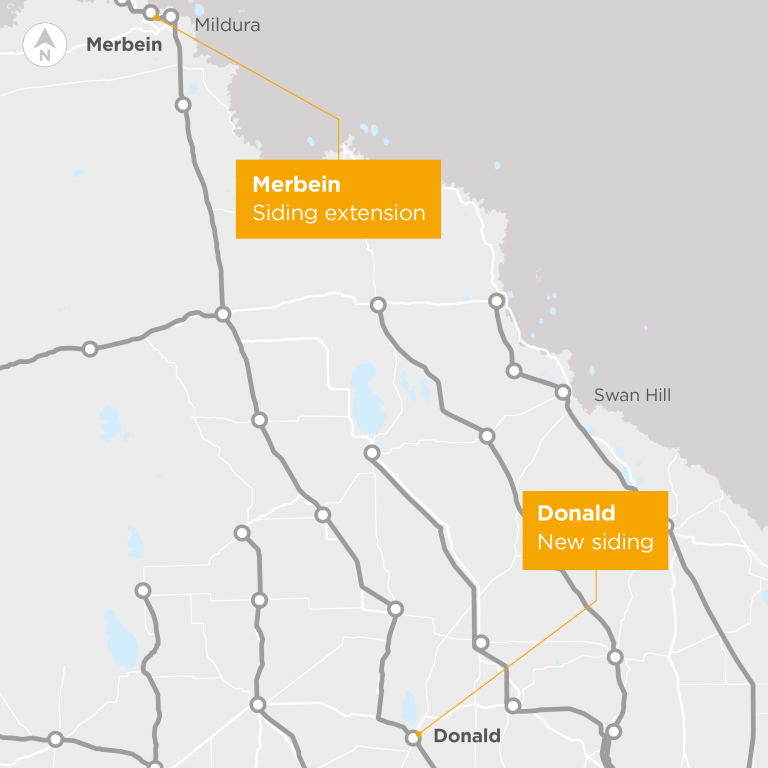 Map of north western Victoria. A yellow information box with the text 'siding extension' points to the town of Merbein. Another box with the text 'new siding' points to the town of Donald. 