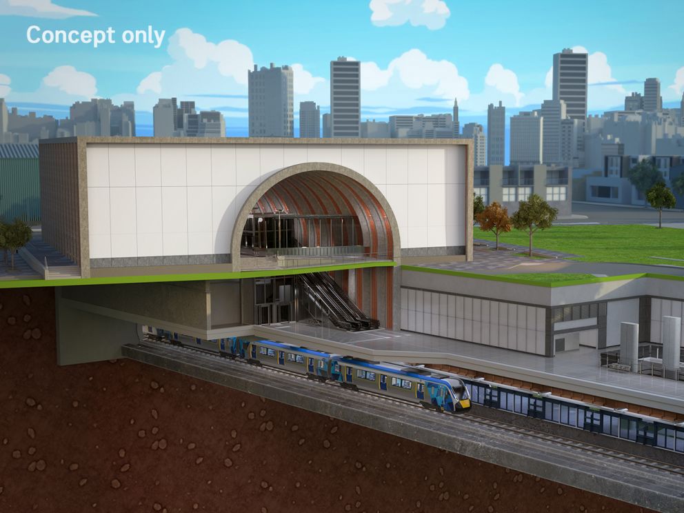 Render of Arden Station exterior building with city landscape in the distance and an underground visual of a train pulling up to the platform