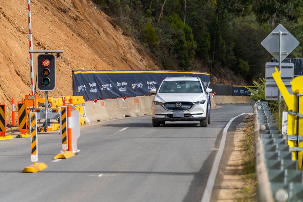 Vehicles start driving through newly reopened section of Bogong High Plains Road 24 April