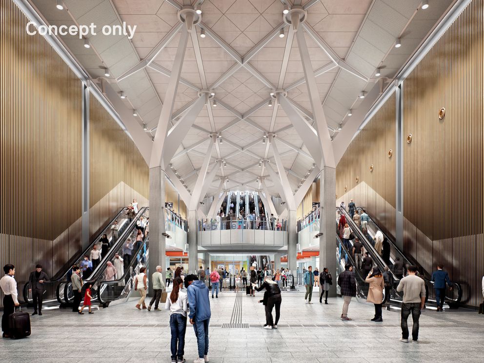 Render of Town Hall Station concourse, view from bottom of escalators