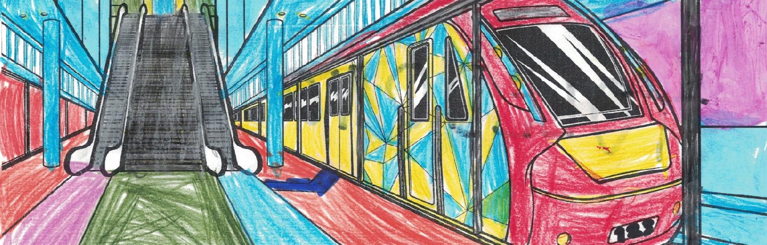A coloured-in picture of a Metro Tunnel train running through an underground station, by Luis