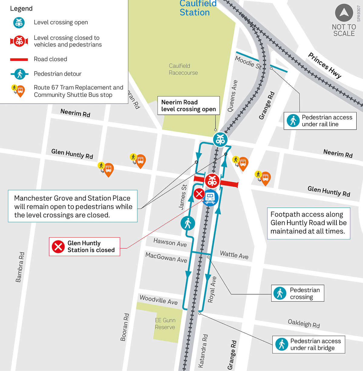 Map showing detours around Glen Huntly Road.