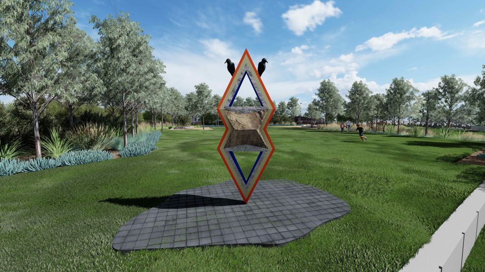A render of a geometric sculpture with 2 birds perched on top, at a park.
