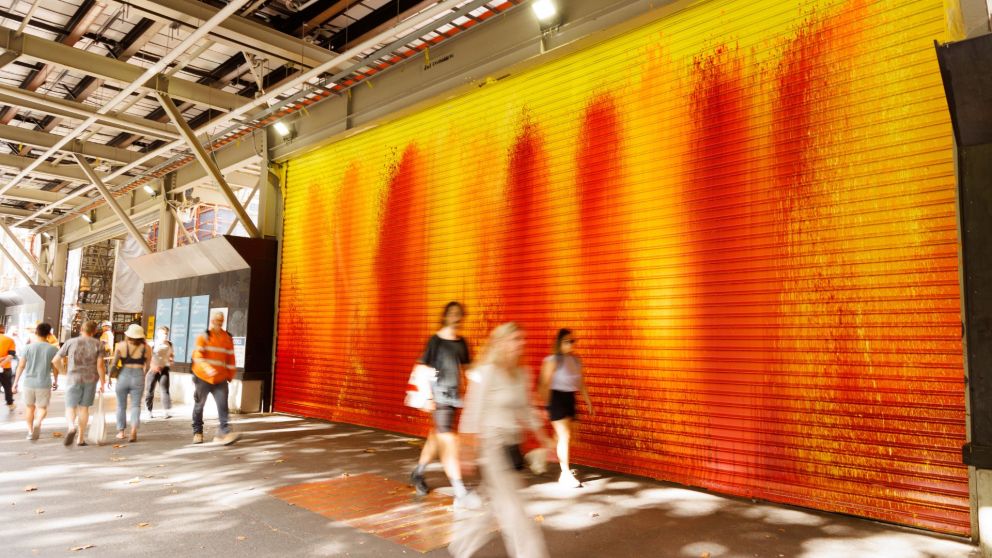 Image of Ash Keating's artwork on large roller door on Swanston Street, Melbourne