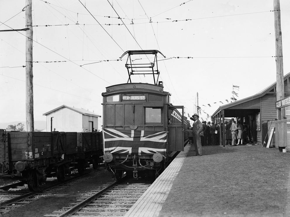 image shows one of the first trains to roll into Glen Waverley station in the 1930s