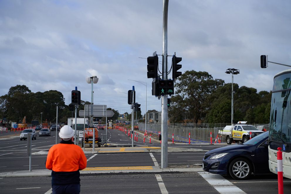 Pedestrian lights in use at new intersection alignment