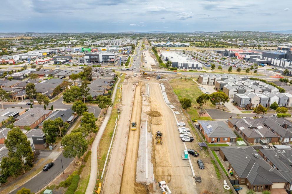 January 2023 - Earthworks and layering the first layer of the road with a compact roller vehicle on the Craigieburn Rd Upgrade