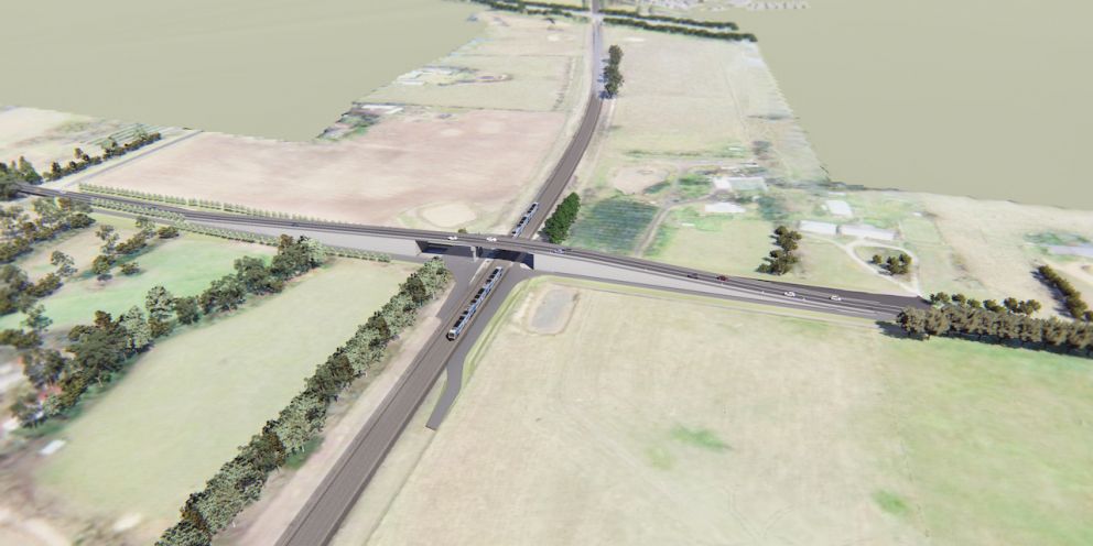 Aerial view looking south towards the new road bridge at Watsons Road, Diggers Rest. Artist impression only, subject to change.