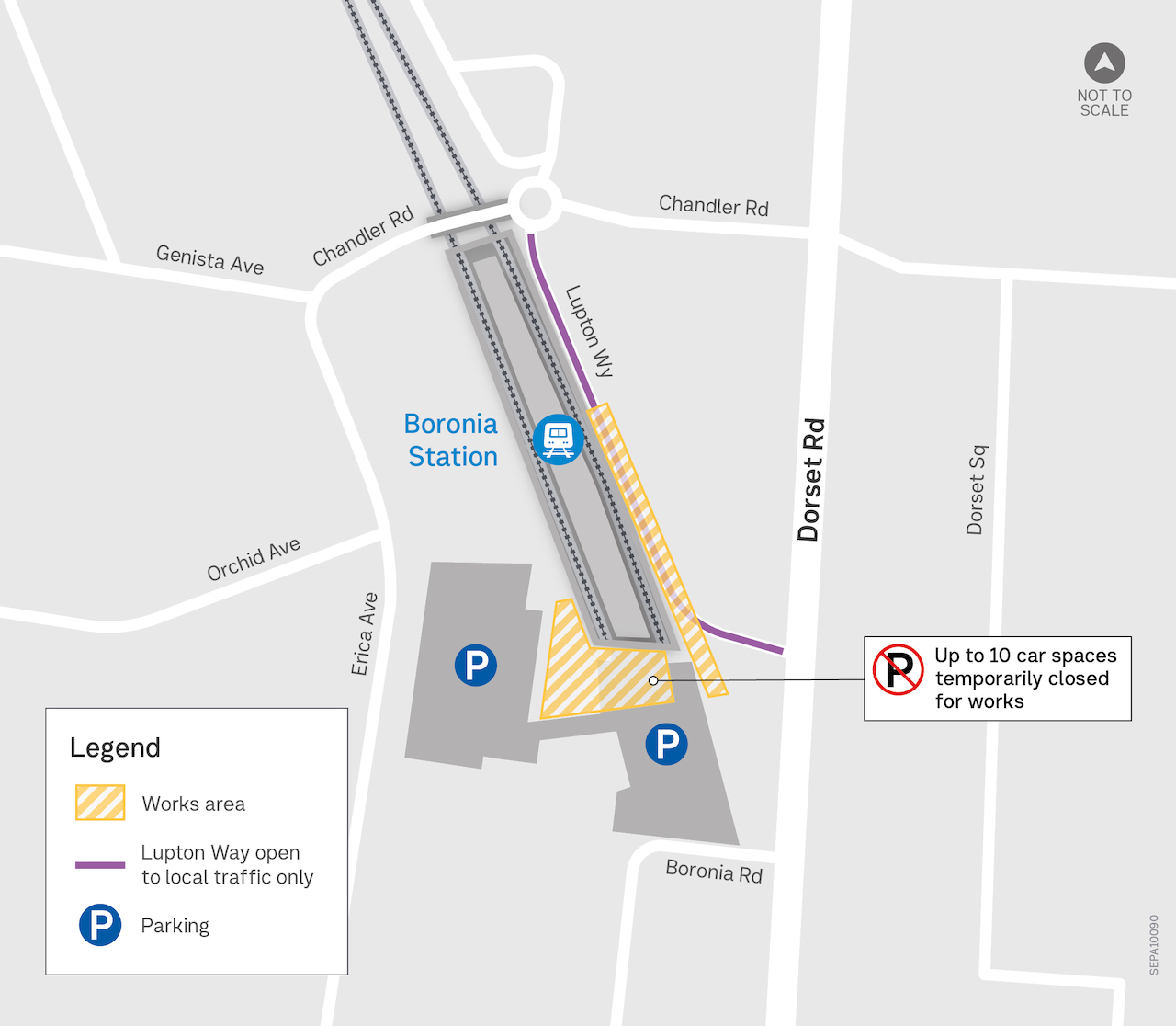 Map showing works area, including Lupton Way and car park closures