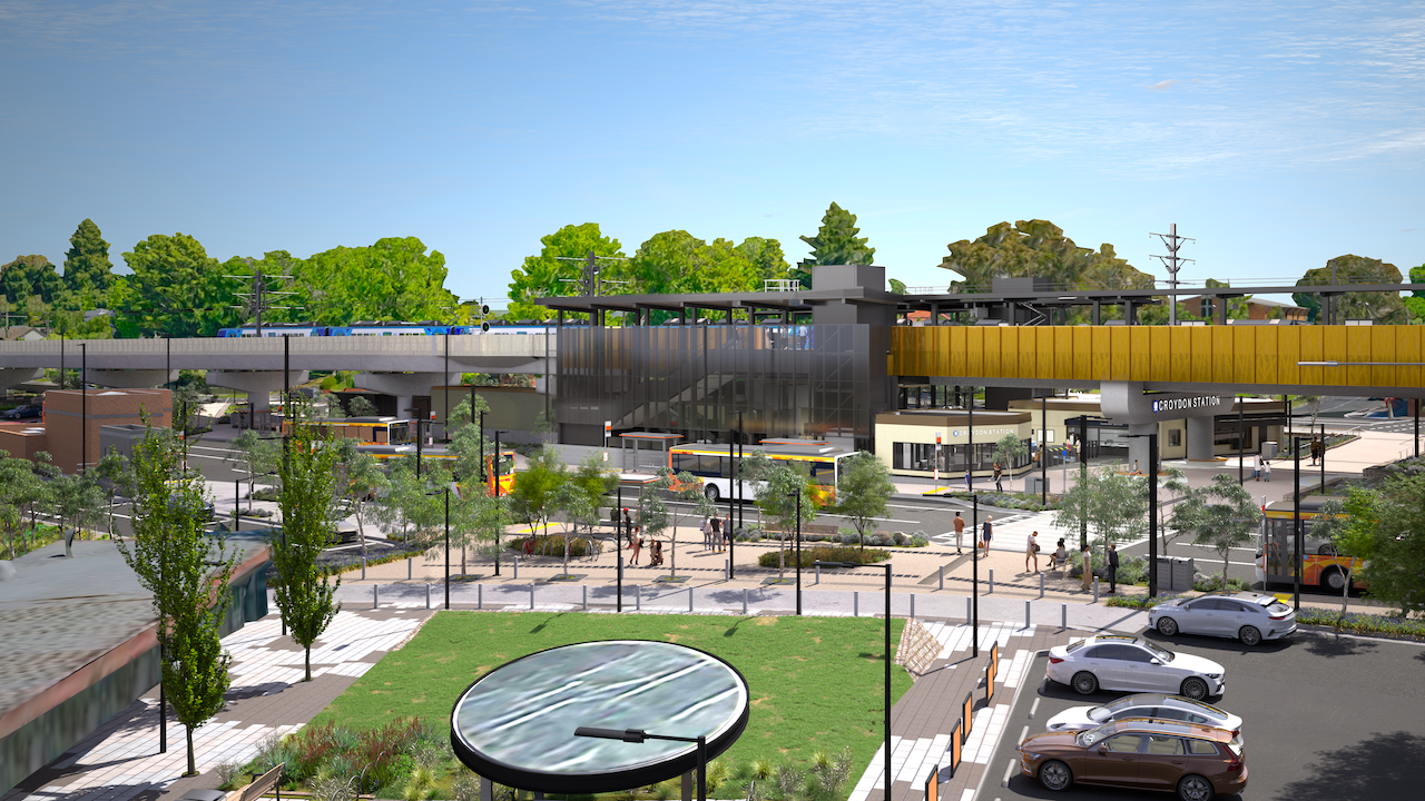 New landscaping linking Croydon town square to the new Croydon Transport Hub. Artist render only, subject to change.