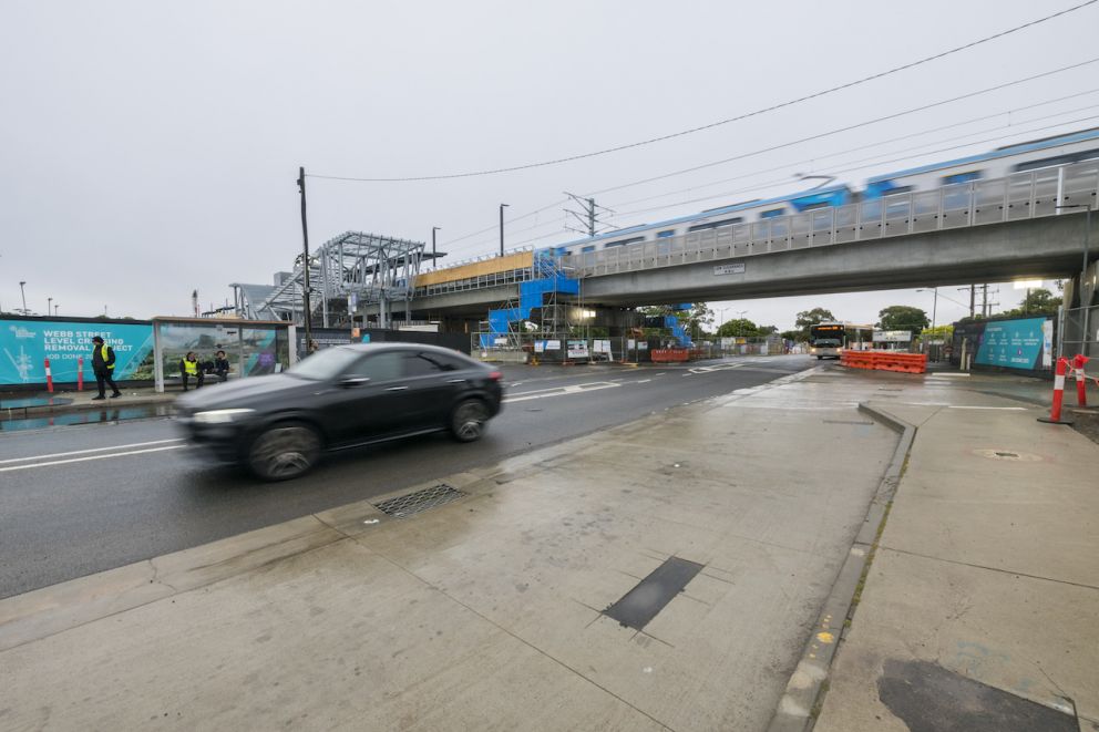 Elevated rail line over Webb Street