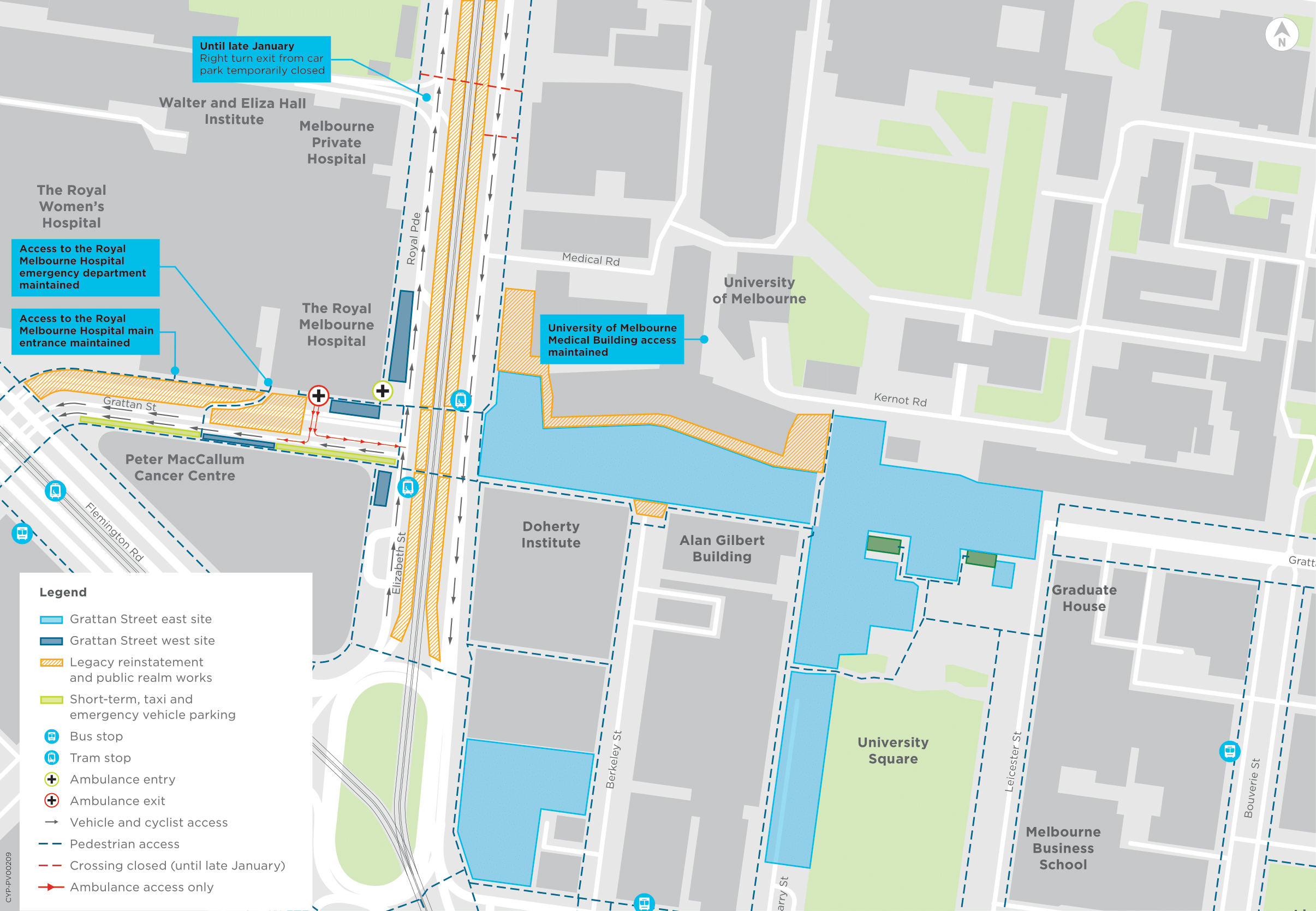 Map of transport changes around Parkville for January-February 2024
