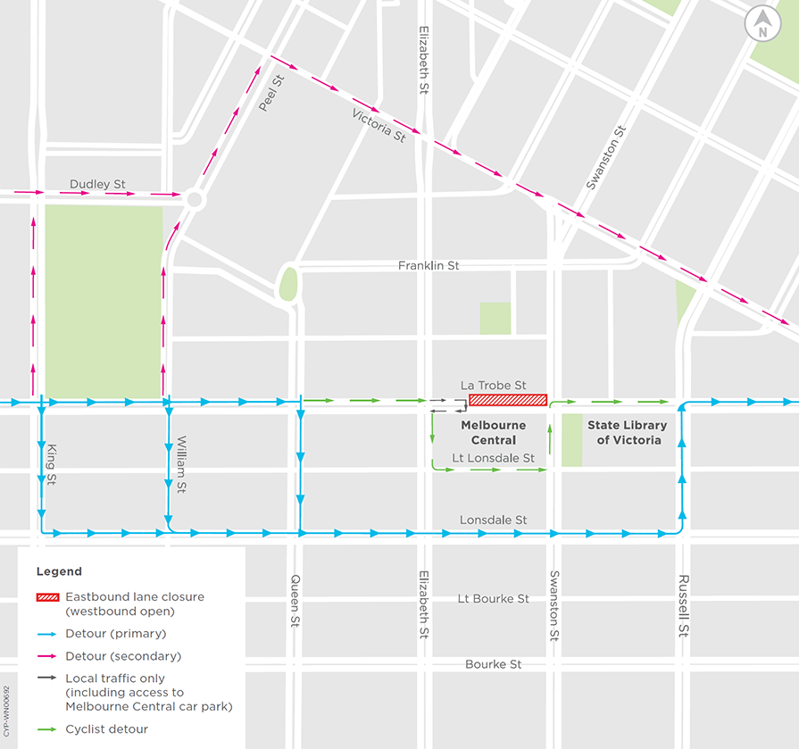 A map showing detours around La Trobe Street in the State Library precinct.