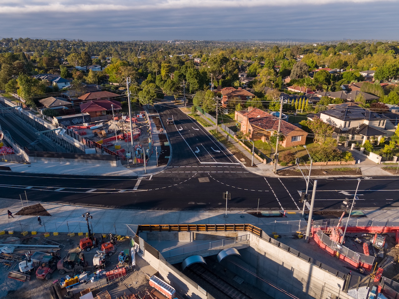 Drone image of Bedford Road with the level crossing removed