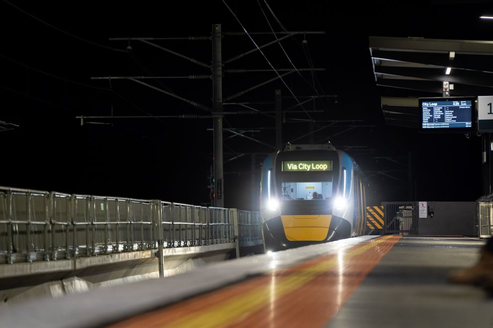 City bound train traveling through the new Narre Warren Station platform