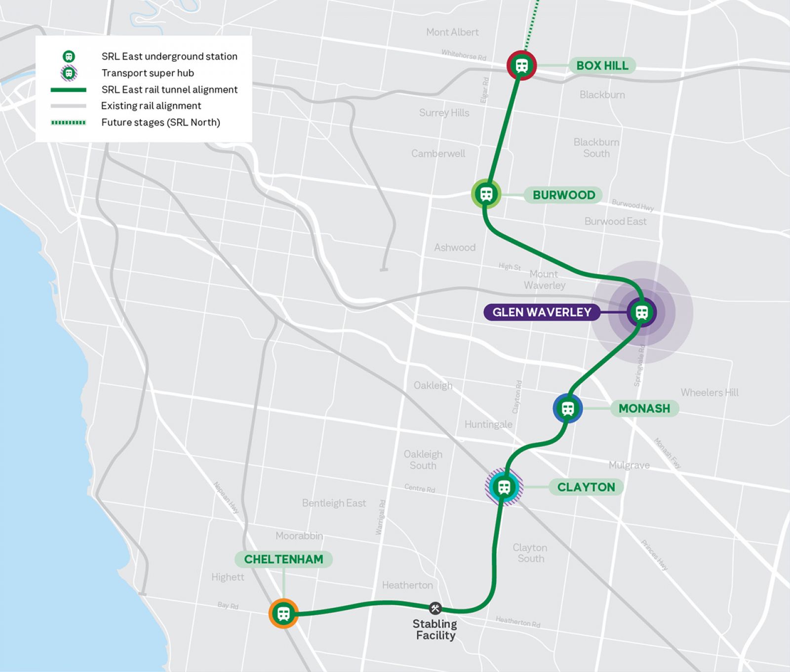 SRL East rail alignment highlighting Glen Waverley.