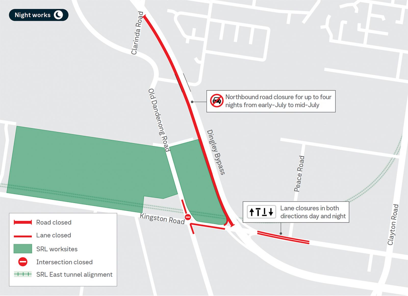 Night works, showing SRL worksites at 217 Kingston Road, Heatherton and 91-185 Kingston Road, Heatherton.