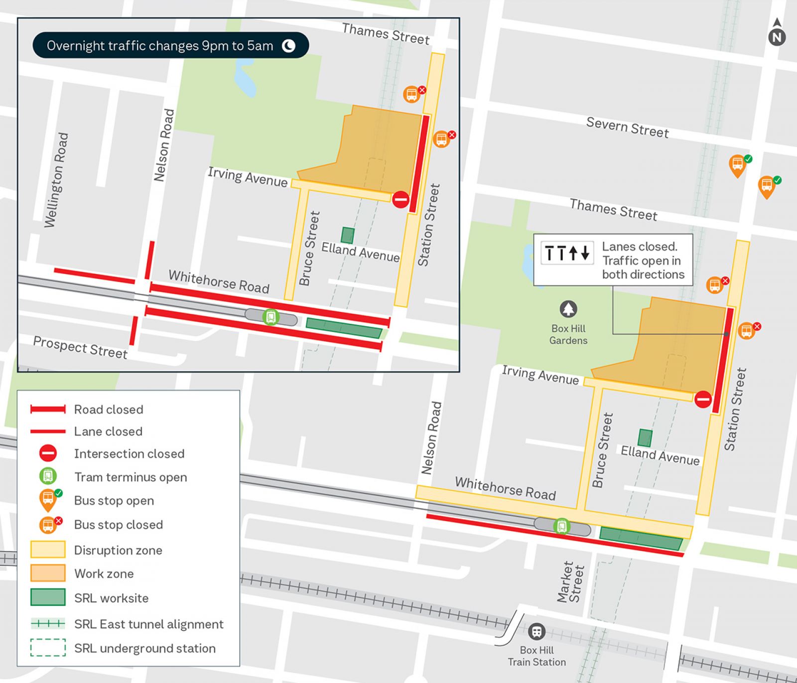 Map showing road, lane and bus closures on Station Street and Whitehorse Road.