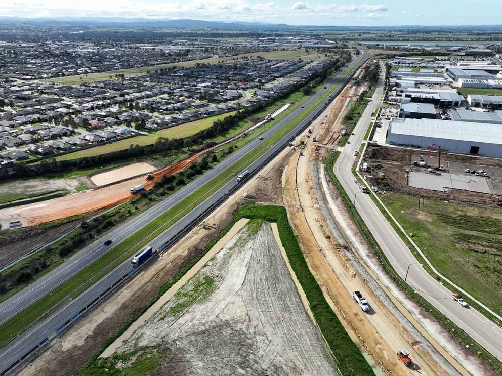 August 2023- An aerial view of the new freeway ramps at McGregor Road