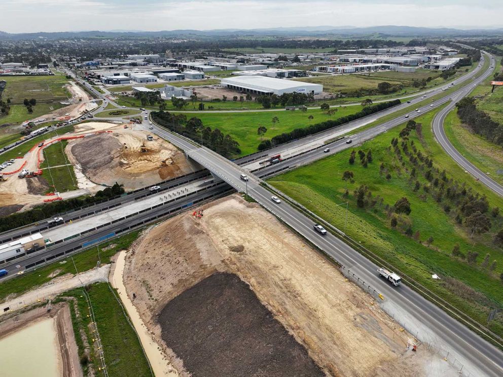 September 2023- An aerial view of the new freeway ramps at McGregor Road