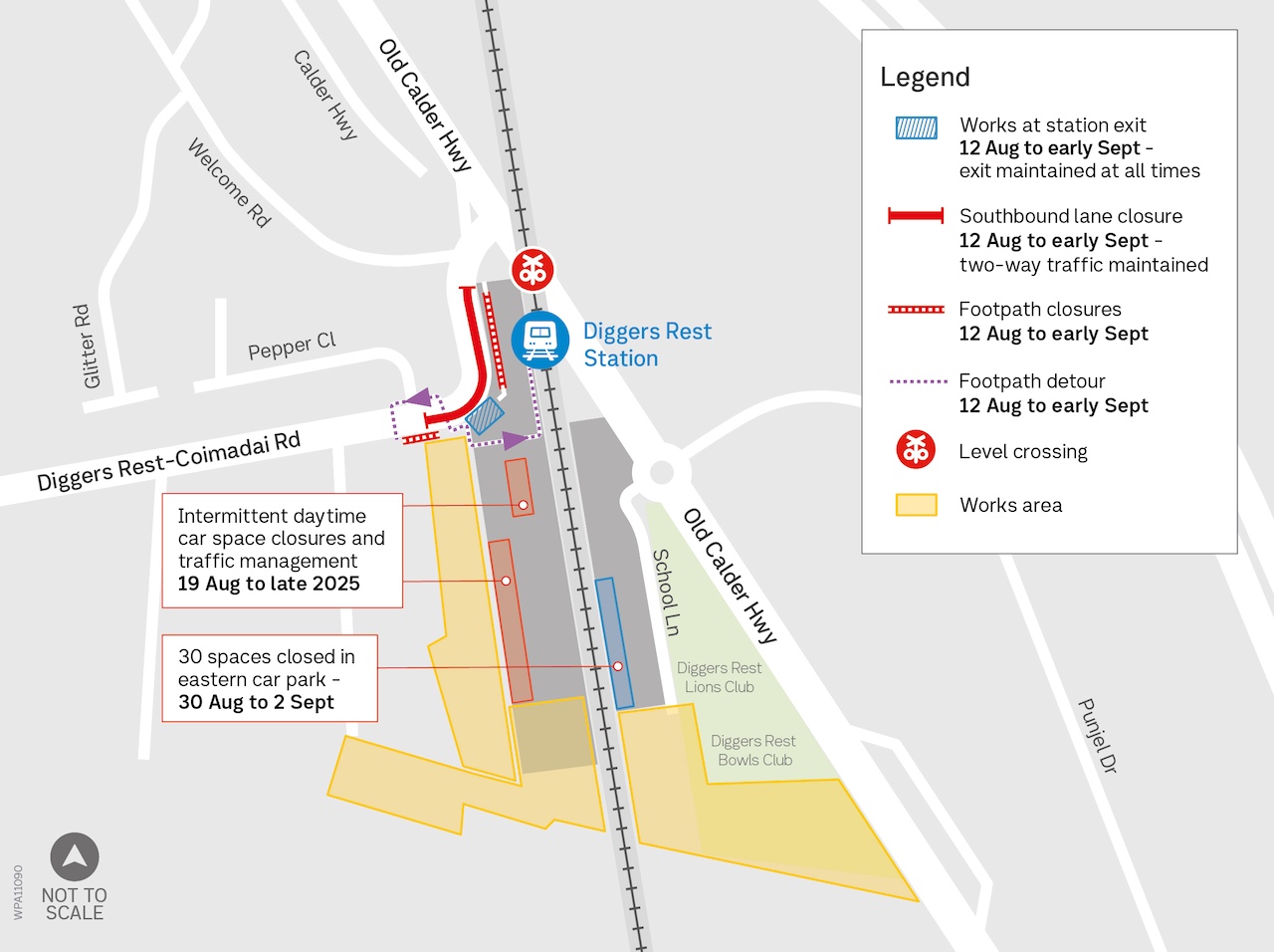 Map showing location of works on Diggers Rest-Comadair Road and in both station car parks.