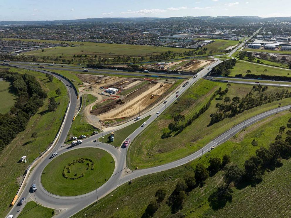 April 2023- Aerial view of the foundations for the new Healesville-Koo Wee Rup Road bridge over the Princes Freeway