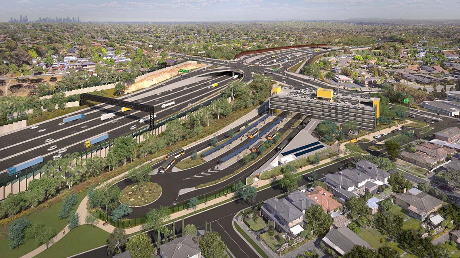 Doncaster Park and Ride, view from Hender StreetGray Street looking towards the Eastern Freeway