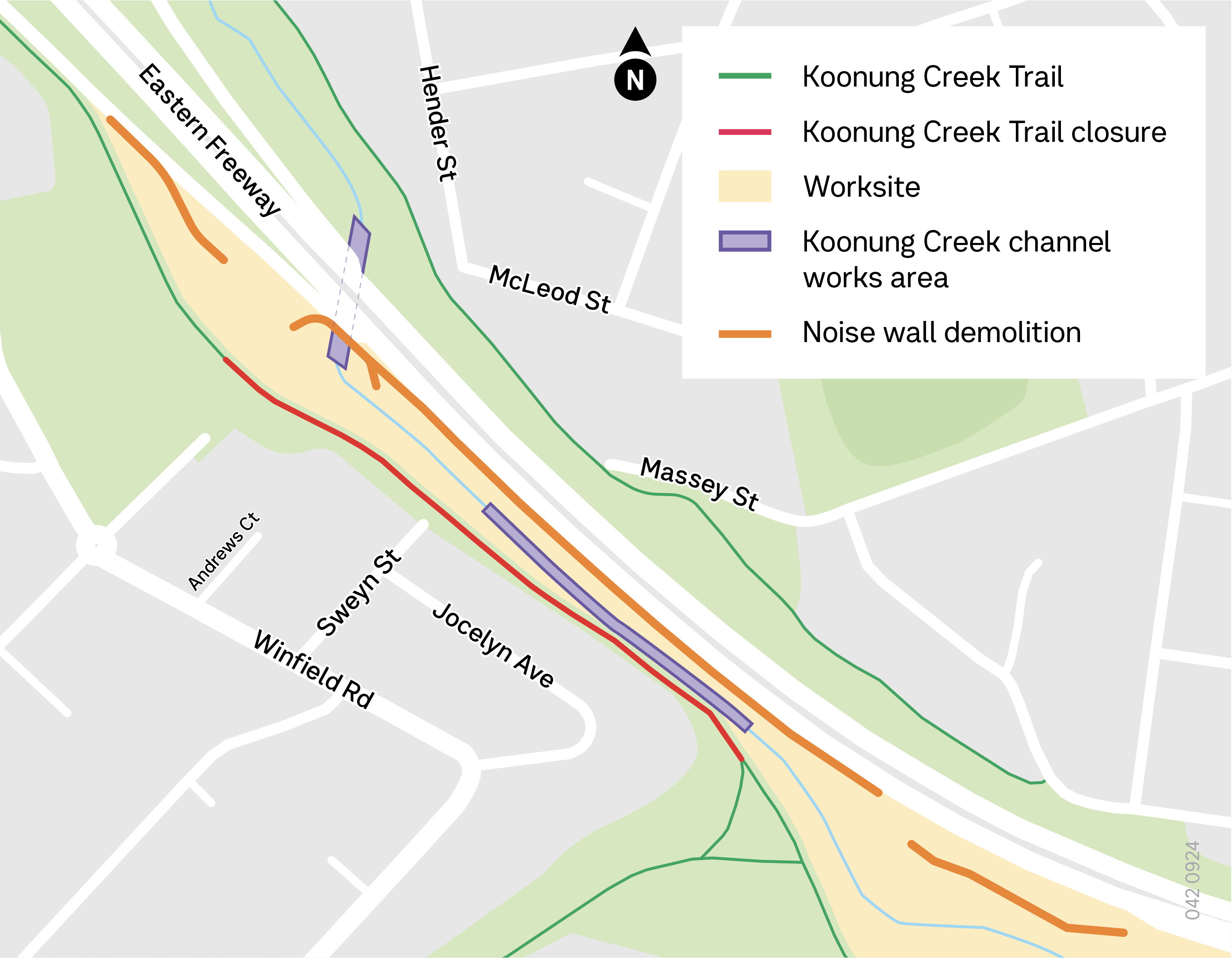 A map showing upcoming works between Doncaster Road and Valda Wetlands