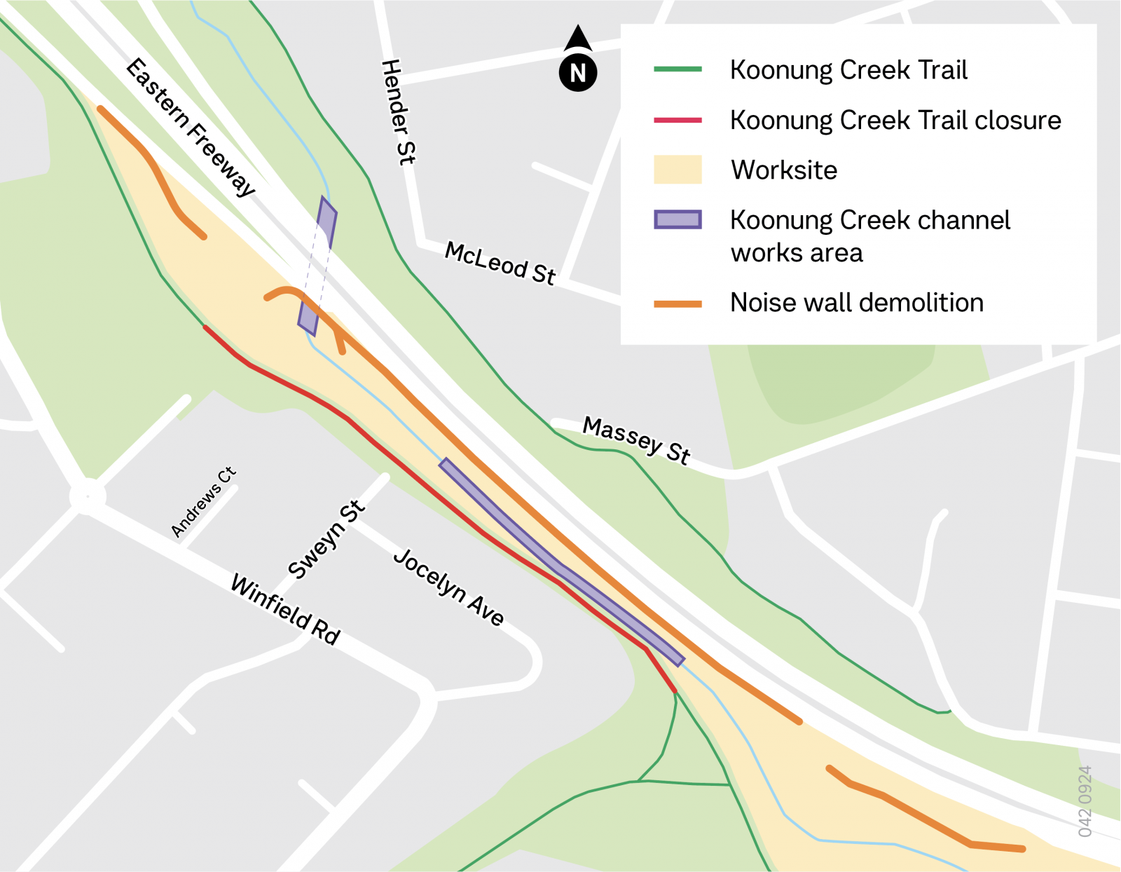 A map showing upcoming works between Doncaster Road and Valda Wetlands