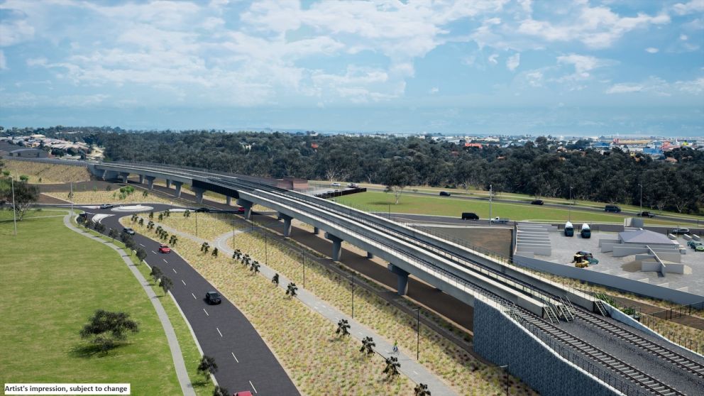 Aerial of rail bridge over Coburns Road. Artist impression only, subject to change