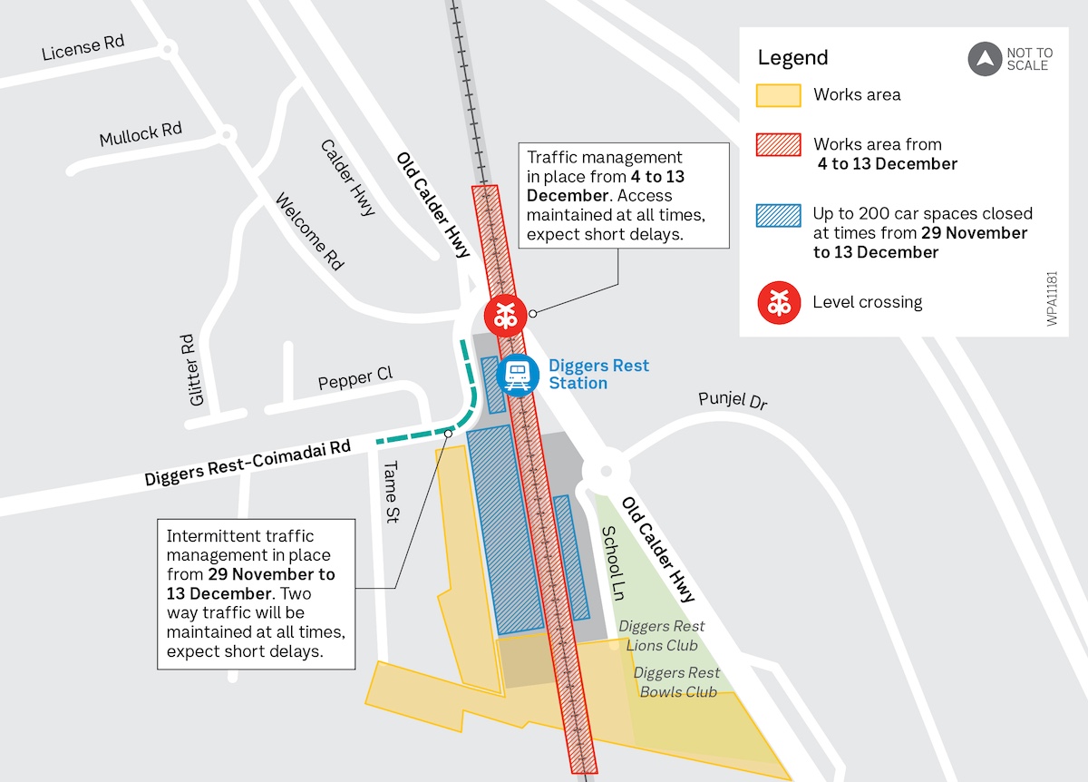 Works area map of Old Calder Highway. Works area south of station precinct. Up to 200 car parks closed from 29 November to 13 December. Works area along the rail corridor 4 to 13 December.