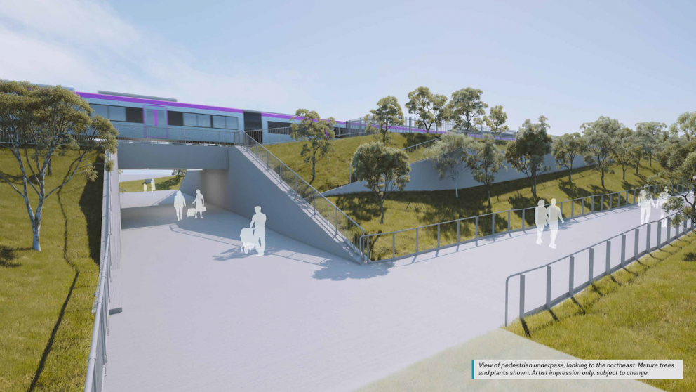 View of pedestrian underpass, looking to the northeast. Mature trees and plants shown. Artist impression only, subject to change.