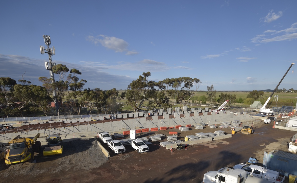 The new road bridge at Old Calder Highway is starting to take shape on the eastern side of the rail line.