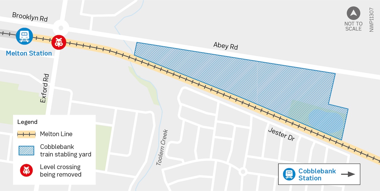 Map showing location of Cobblebank Train Stabling Yard between the rail line and Abey Road