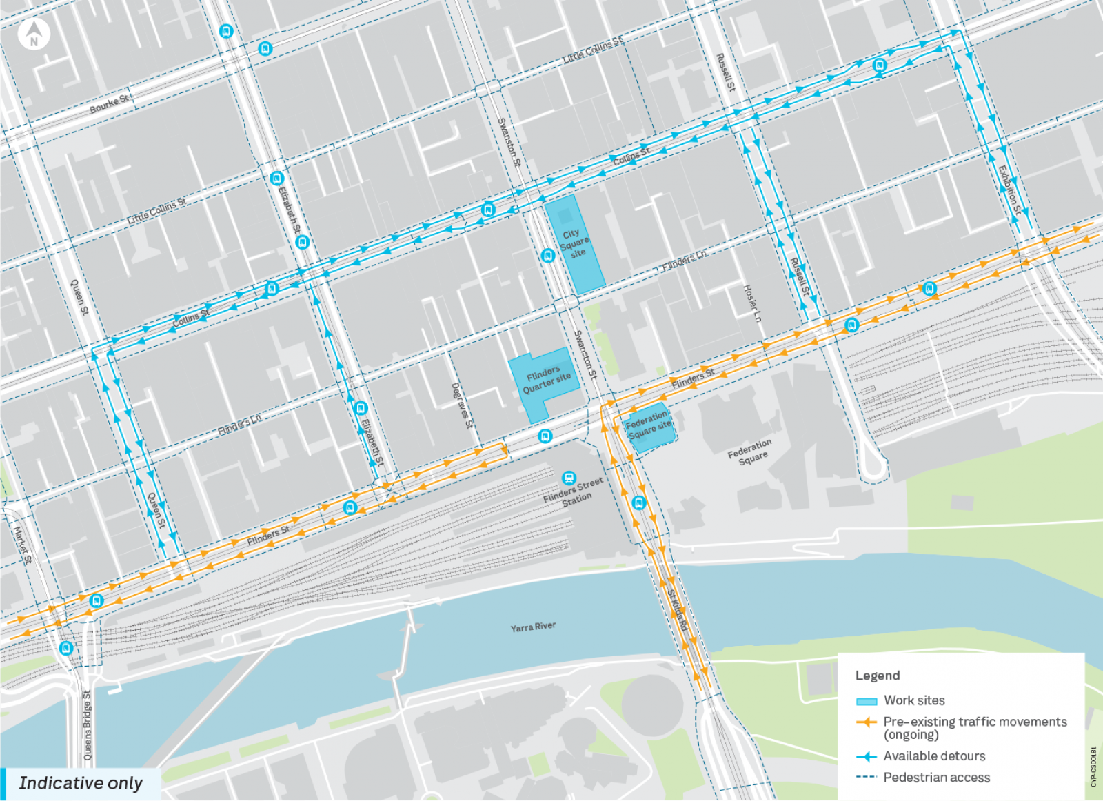 Detour map for Flinders Street lane closures in 2025