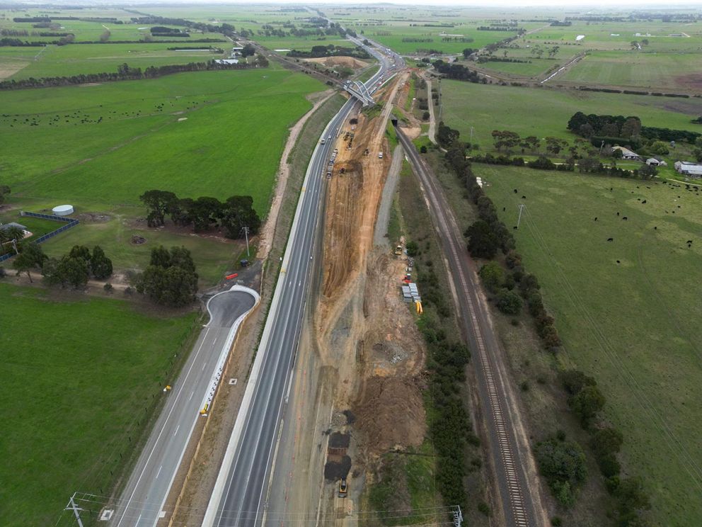 An aerial view showcasing progress of the new lanes