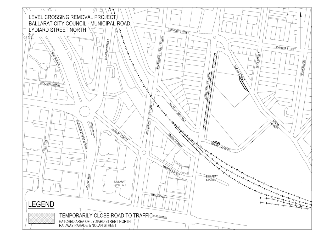 Map showing locations of road closures on Lydiard Street North, Railway Parade and Nolan Street.