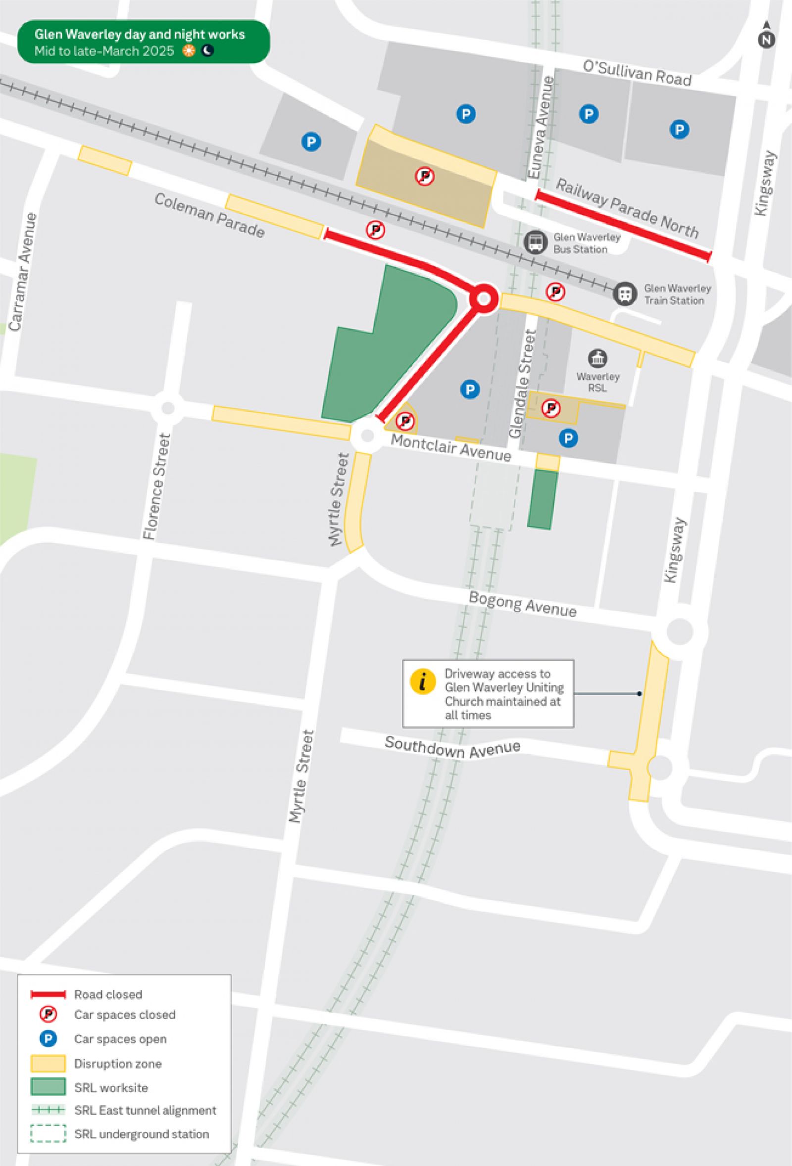 This map outlines road closures on Coleman Parade, Railway Parade North and Myrtle Street and shows disruption zones throughout.