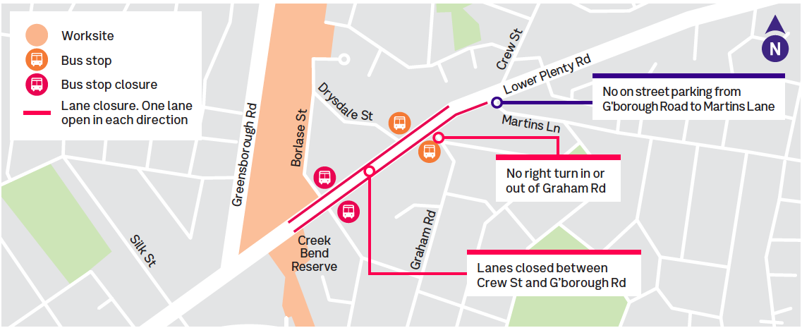 worksite bus stop and lane closure. No on street parking from G'borough Road to Martins Lane. No right turn in or out of Graham Rd. Lanes closed between Crew St and G’borough Rd.