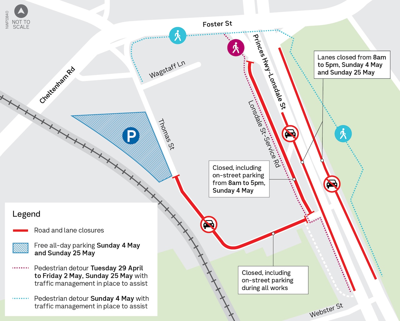 Map shown road and lane closures on Thomas Street, Lonsdale Street-Service Road and Princes Highway-Lonsdale Street.