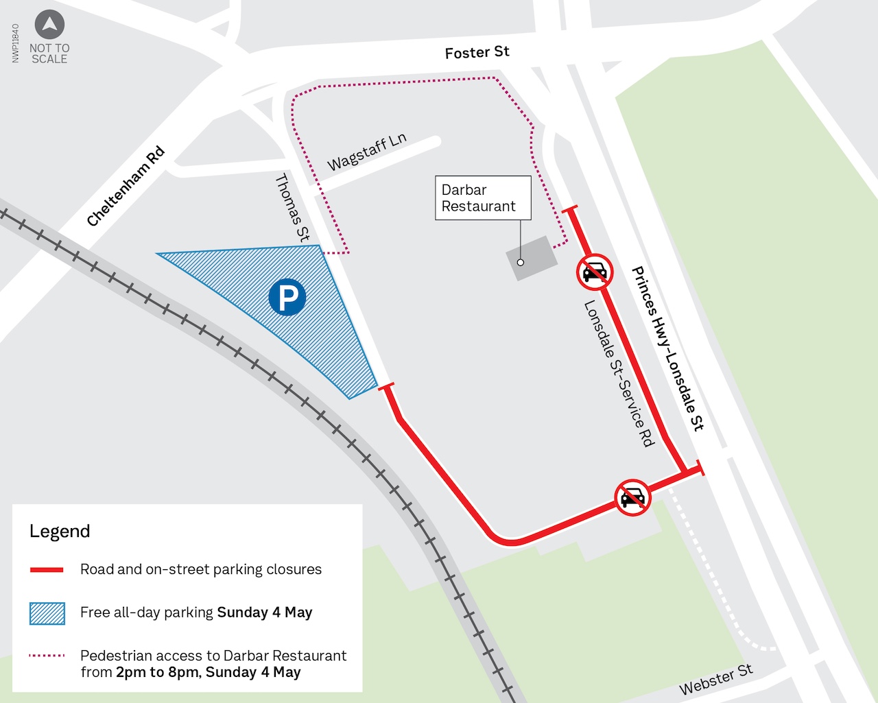 Map showing access to Darbar Restaurant via Thomas Street, Foster Street and Princes Highway-Lonsdale Street